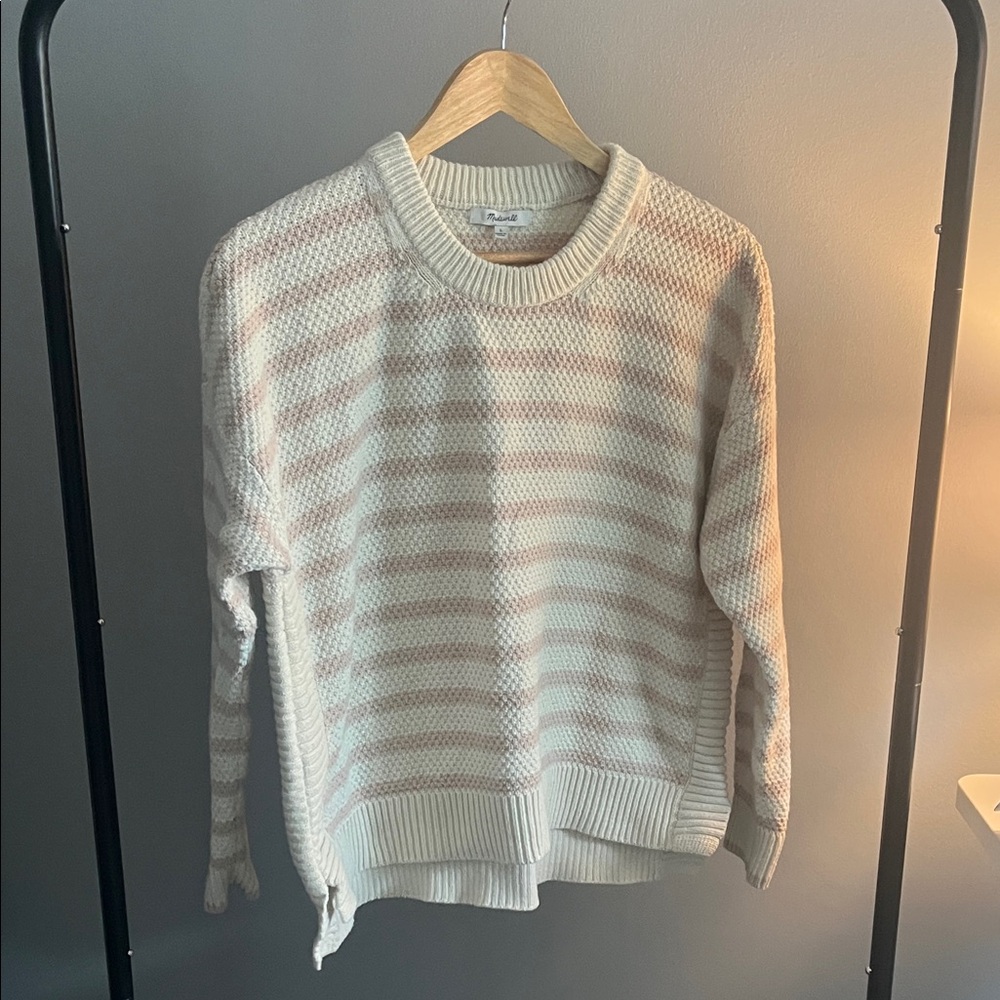 Madewell Cream and Light Pink Striped Crewneck Sweater